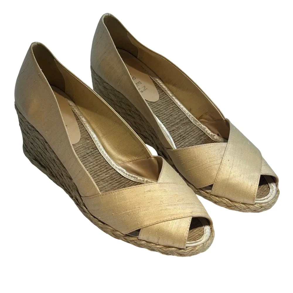 Lauren‎ Ralph Lauren Cecilia Parchment Shantung Espadrille Wedges Gold 9B Spain